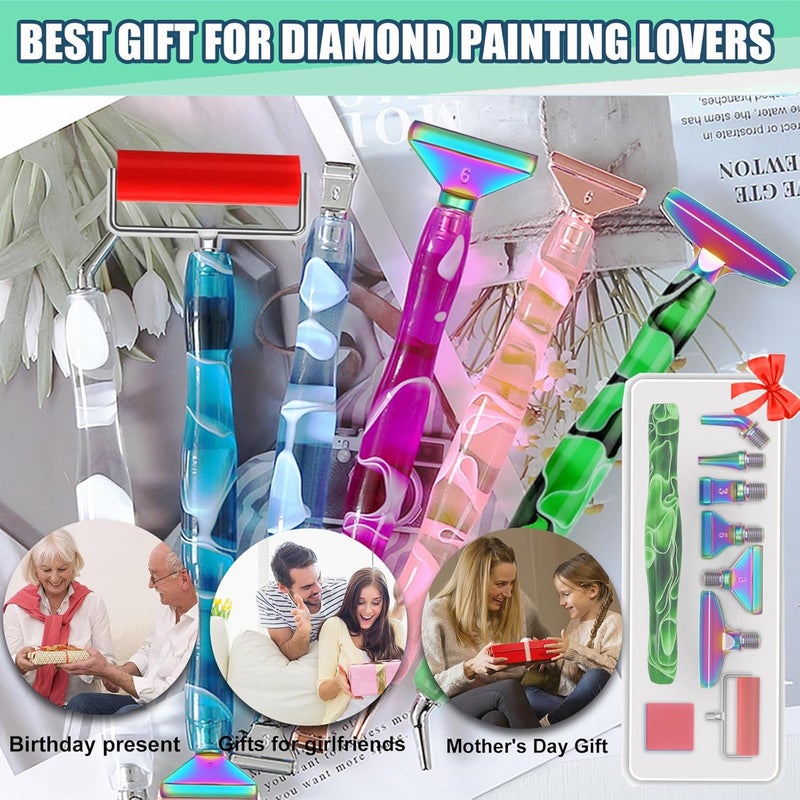 Heyseri 14PCS Diamond Painting Pen Accessories Tools Set, Exquisite Stainless Steel Metal Pen Tips,Ergonomic Diamond Art Pen and 6 Painting Glue Clay,Comfort Grip and Faster Drilling (Green Rainbow) - Image 5